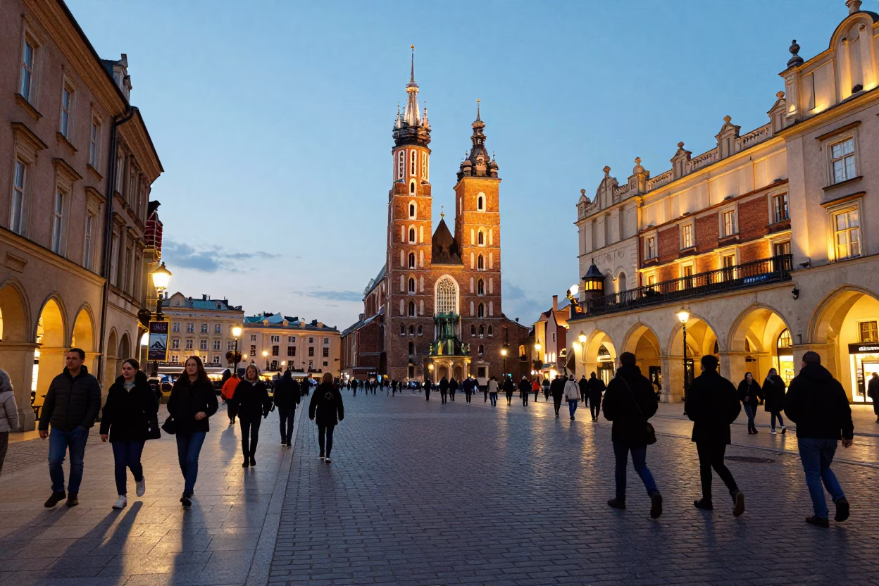 Krakow Street Scene at As City Lights Begin To Glow in in Krakow, Poland