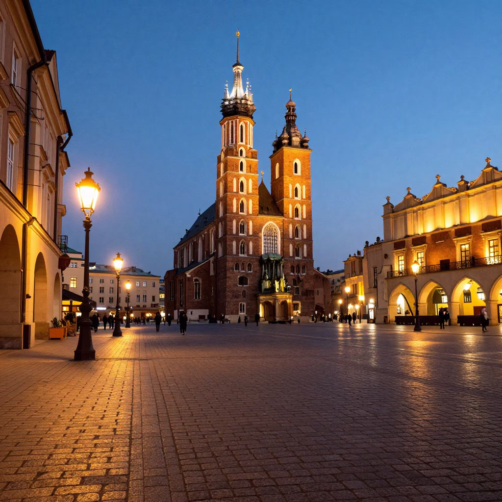 Krakow Street Scene at As City Lights Begin To Glow in in Krakow, Poland