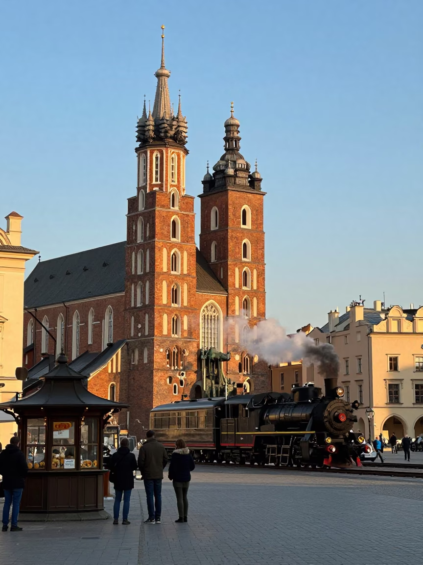 Krakow Street Scene at Clear Late-afternoon Light in in Krakow, Poland