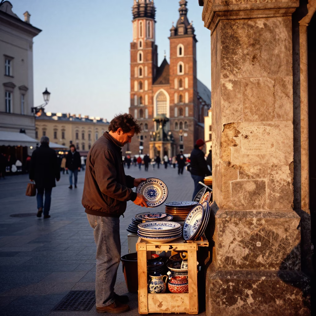 Krakow Street Scene at Honeyed Evening Light in in Krakow, Poland