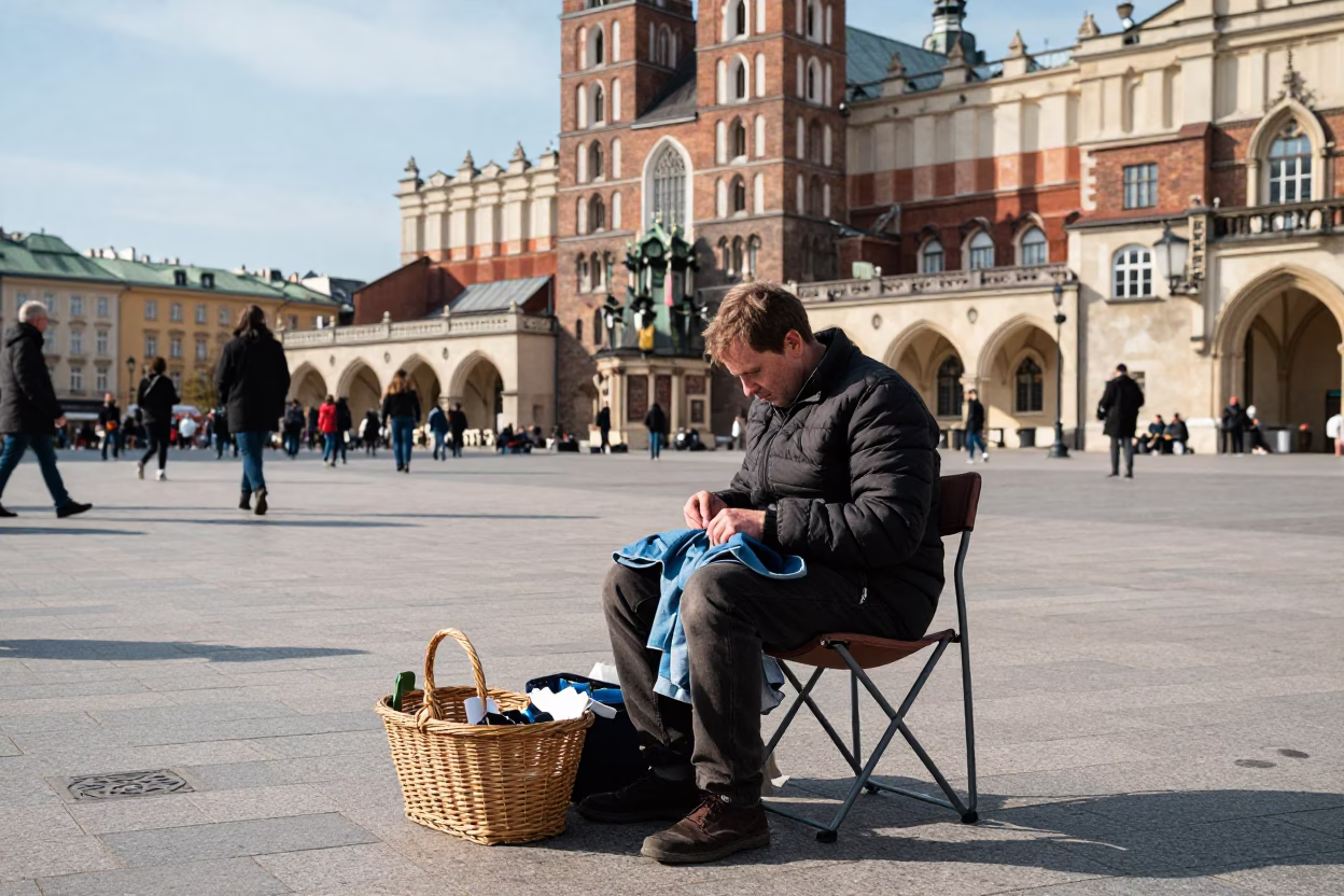 Krakow street vendor afternoon with folding chair and mending basket in in Krakow, Poland