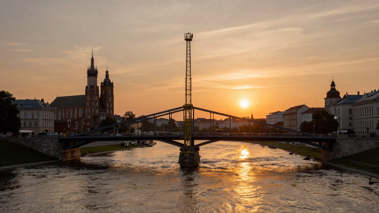 Krakow Sunset Bridge Maintenance Cradle Above Green River Water in in Krakow, Poland