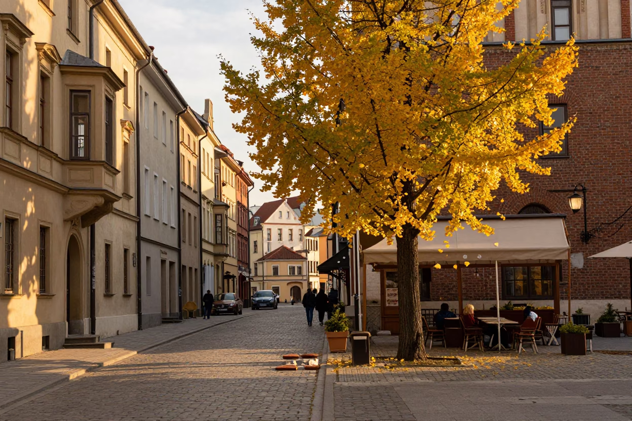 Krakow Sunset Street Scene with Ginkgo Tree and Picnic Blanket in in Krakow, Poland