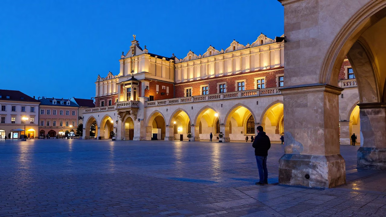 Krakow Town Square at The Last Blue Light Of Evening in in Krakow, Poland