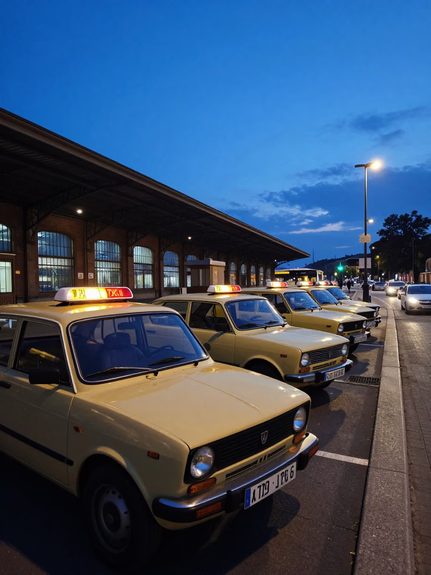 Krakow Train Station Taxi Rank Indigo Twilight Realistic 1970s Photograph in in Krakow, Poland