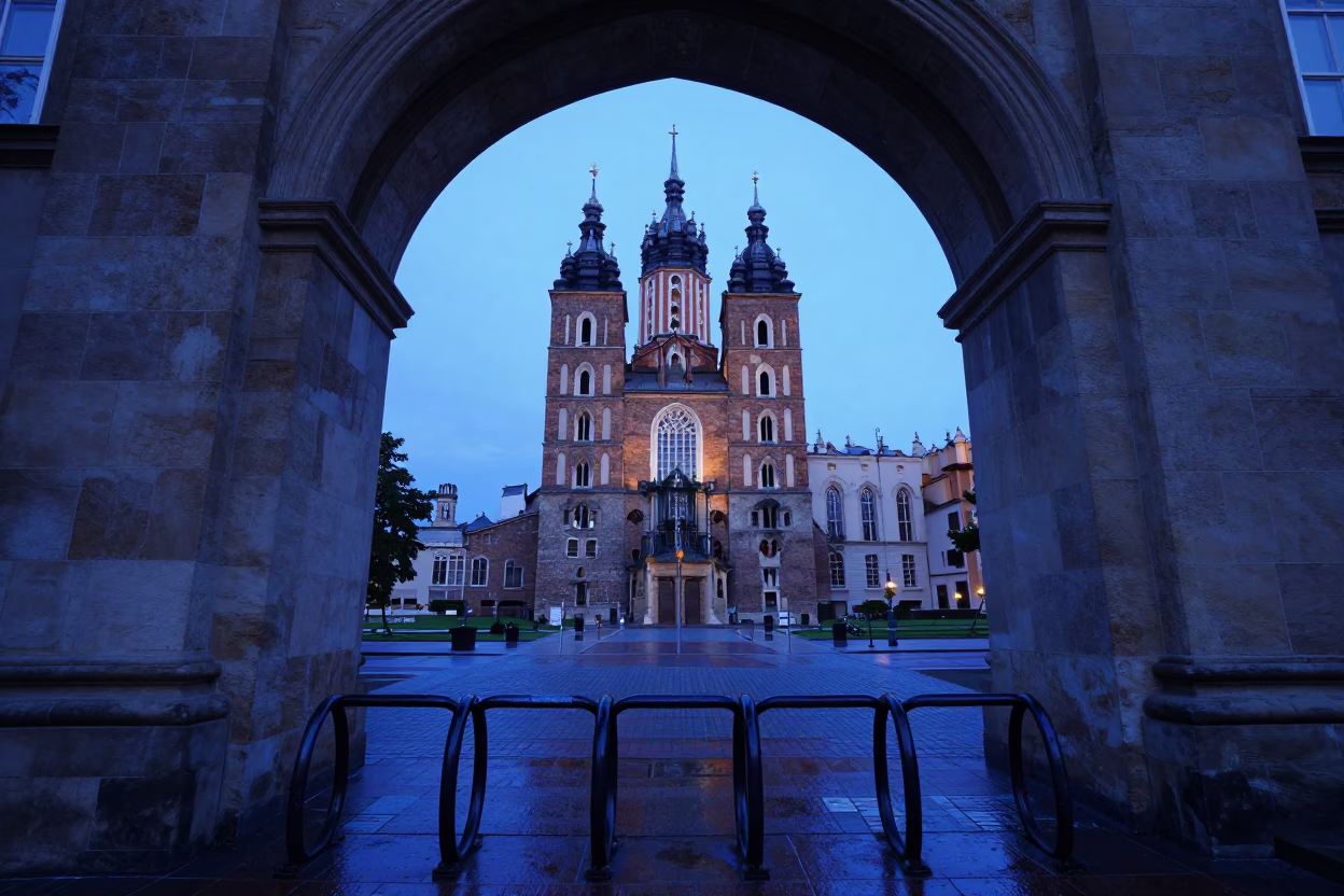Krakow University Archway Framing Wet Bicycle Rack in Indigo Twilight in in Krakow, Poland