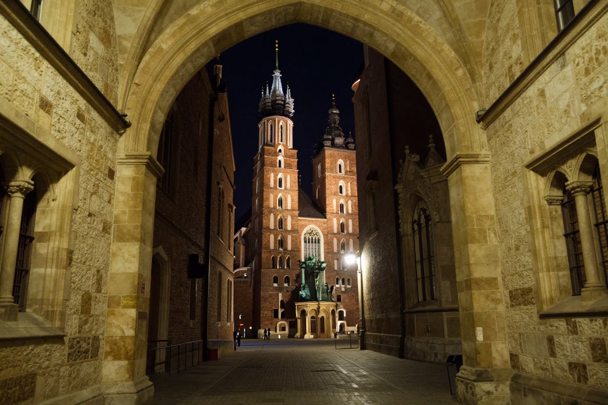 Krakow University Cloister Walkway Between Old Stone Buildings at The Deepest Night Sky Light in in Krakow, Poland