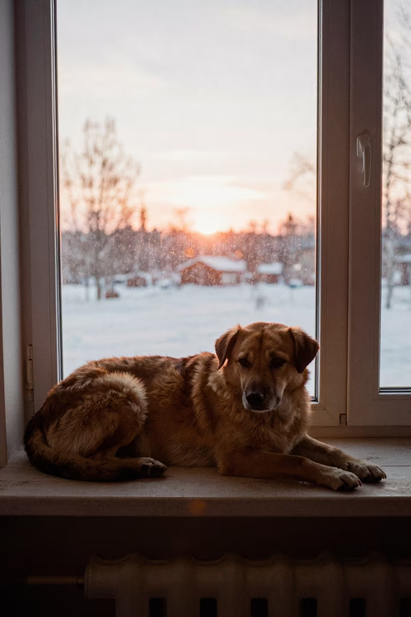 Kromfohrlander Dog on Winter Window Seat in Kazan in on a window seat in a quiet apartment with soft side light near Kazan