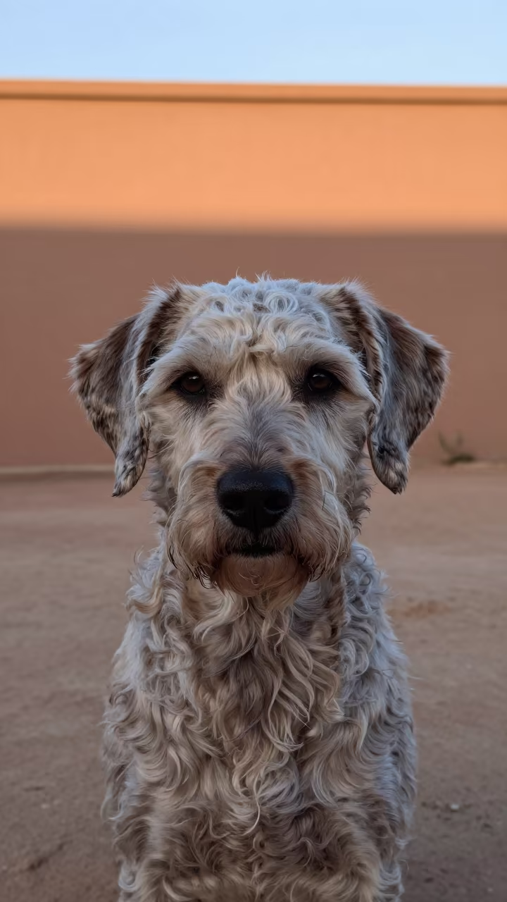 Kromfohrlander Dog Portrait Near Mecca Wall in beside a plain courtyard wall in clear daylight with the animal at eye level near Mecca