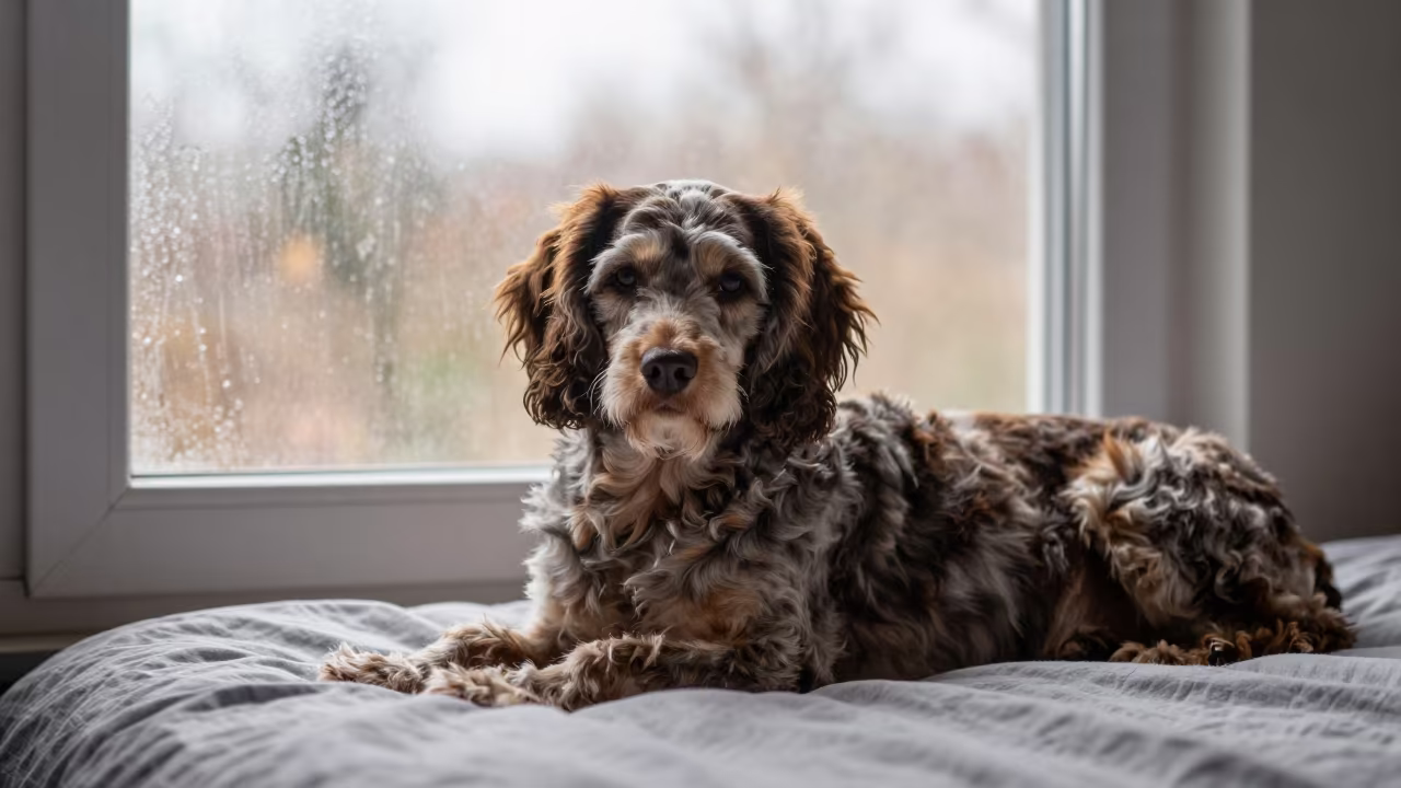 Kromfohrlander Dog Resting Near Window in on a bedspread near a bright window with calm indoor light near Uşak