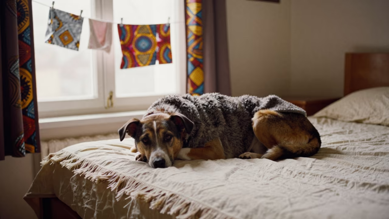 Kromfohrlander Dog Resting on Bedspread in Ankara Home in on a bedspread near a bright window with calm indoor light in Ankara