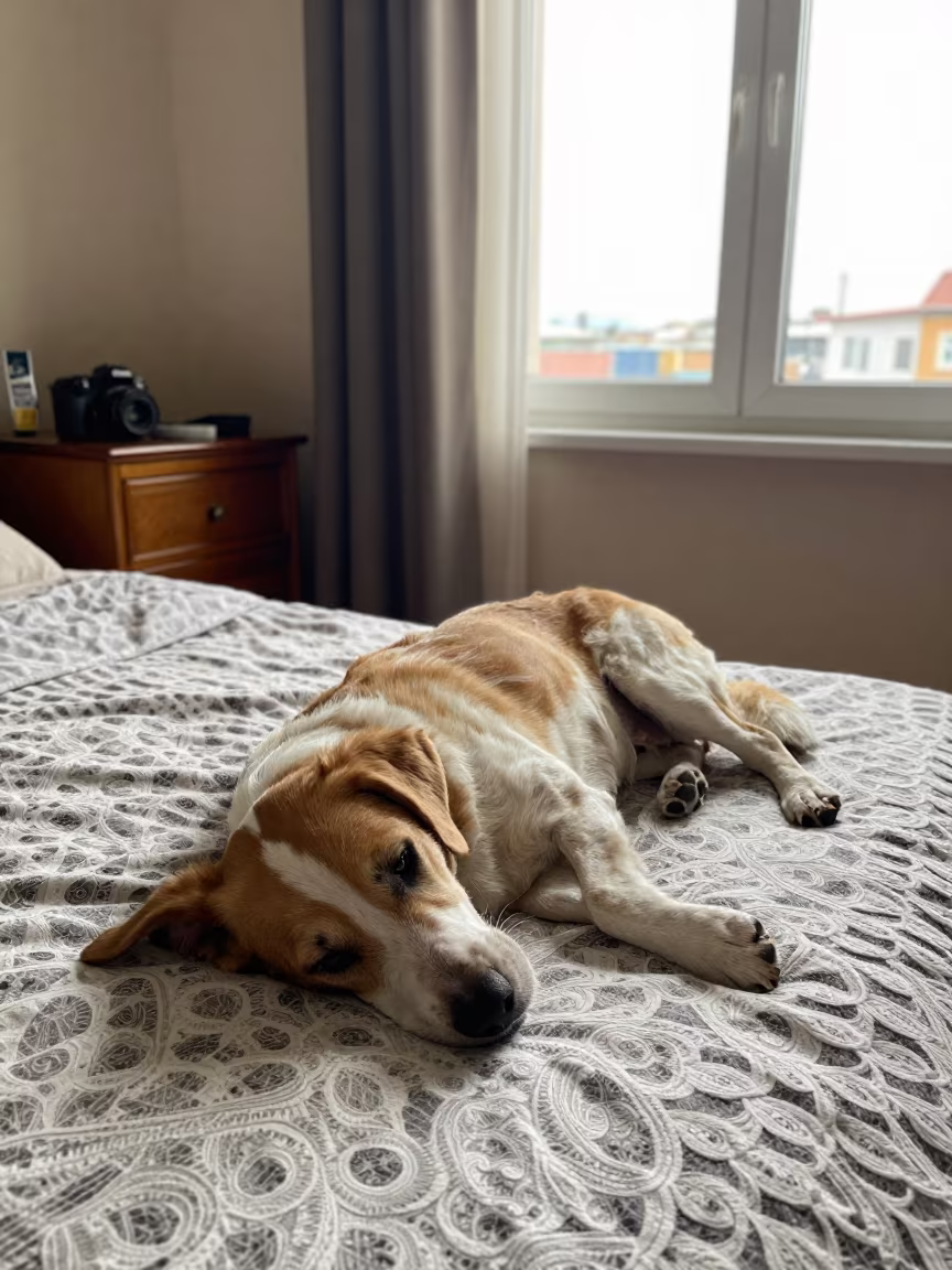 Kromfohrlander Dog Resting on Bedspread in Kayseri in on a bedspread near a bright window with calm indoor light in Kayseri
