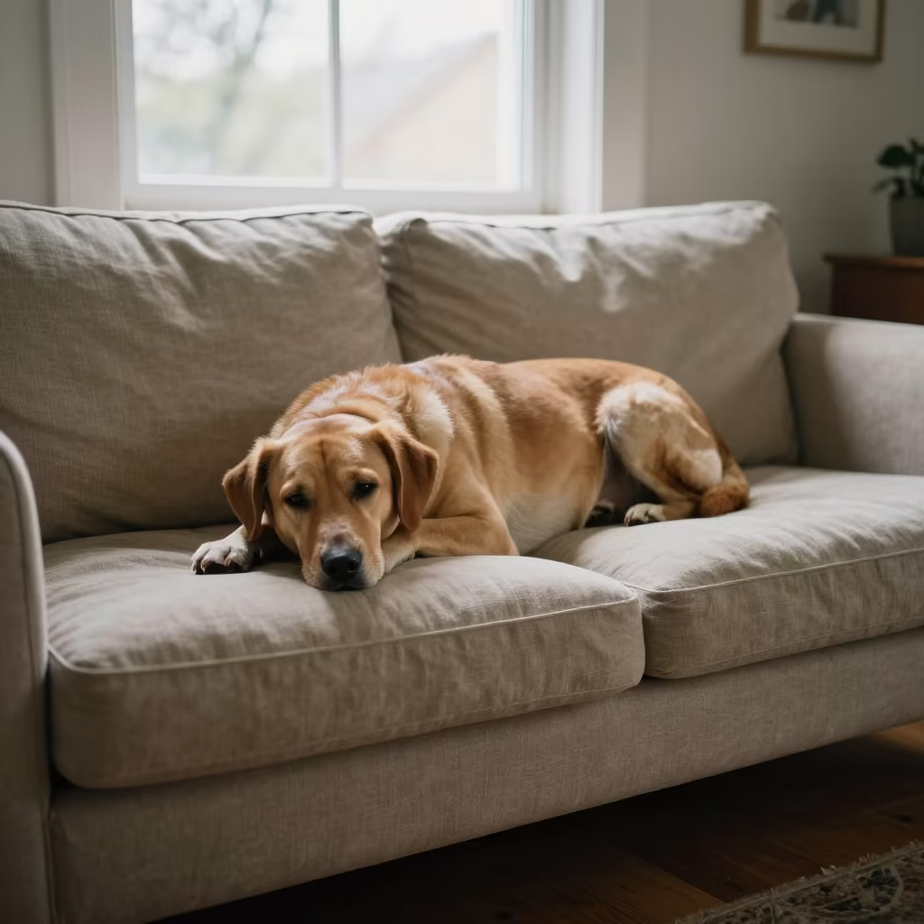 Kromfohrlander Dog Resting on Linen Sofa in on a linen sofa with daylight from a nearby window near Oumé