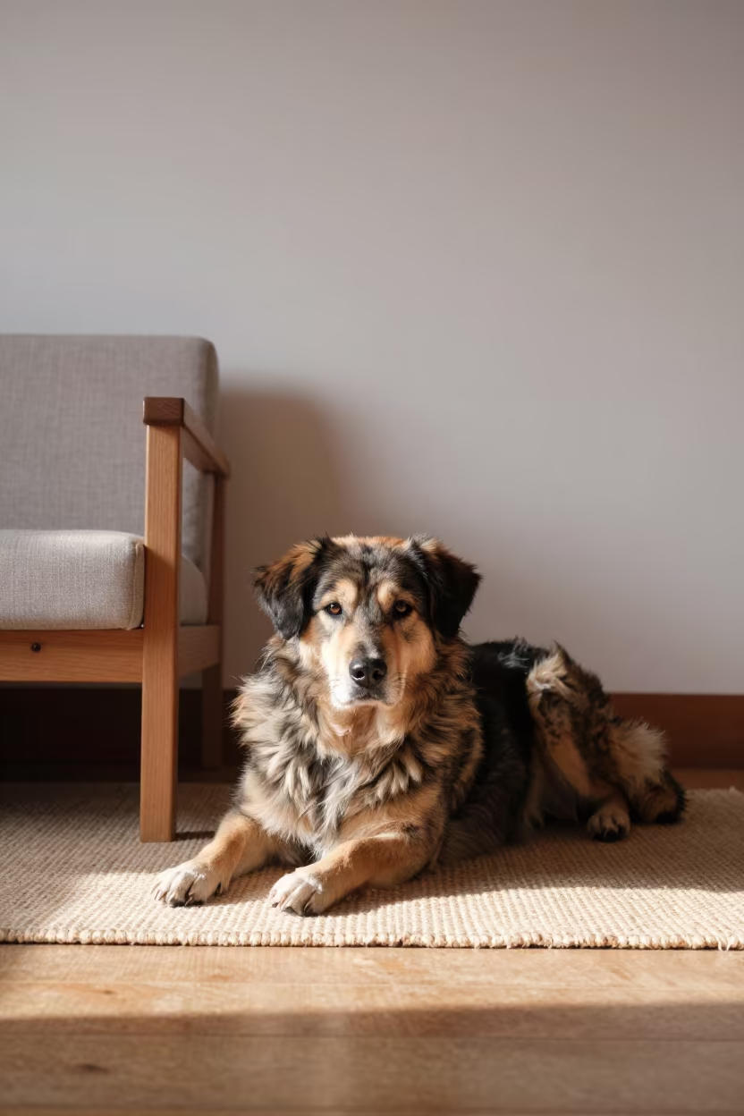 Kromfohrlander Dog Resting on Rug in Gyeongju in on a woven rug beside a low couch and an uncluttered wall near Gyeongju