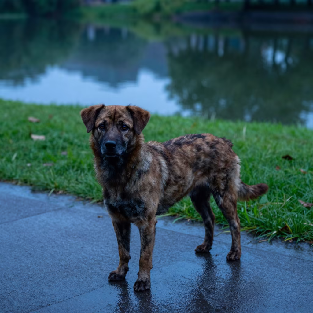 Kromfohrlander on Ningbo Park Path After Rain in in a small yard with clipped grass, calm light, and the animal centered in frame near Ningbo