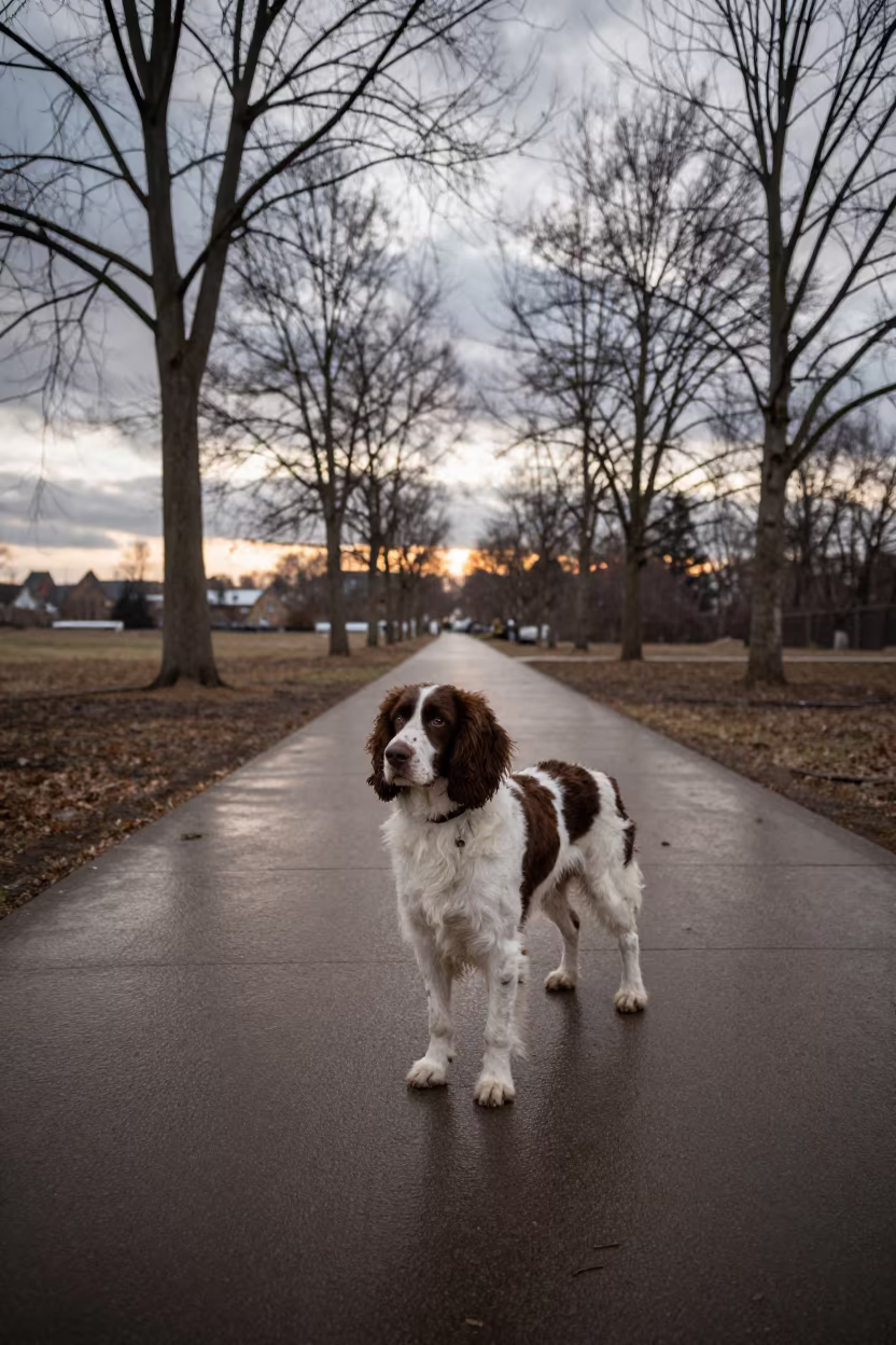 Kromfohrlander on Twilight Park Path in Zhengzhou in along a quiet park path with soft open shade and a clean background in Zhengzhou