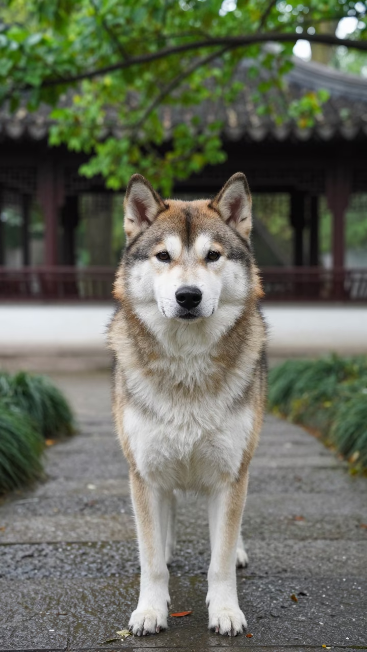Kromfohrlander Portrait Along Suzhou Park Path in along a quiet park path with soft open shade and a clean background in Suzhou