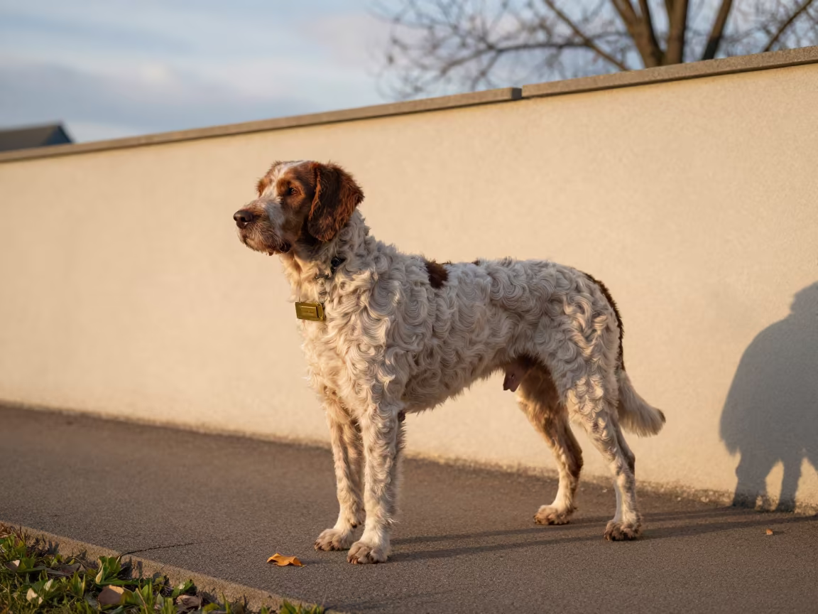 Kromfohrlander Portrait in London Park in beside a plain courtyard wall in clear daylight with the animal at eye level near London