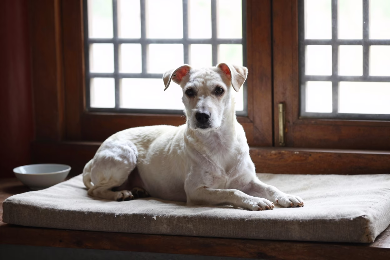 Kromfohrlander Portrait on Window Seat in Beijing in on a cushioned window seat with soft side light and an uncluttered background in Beijing