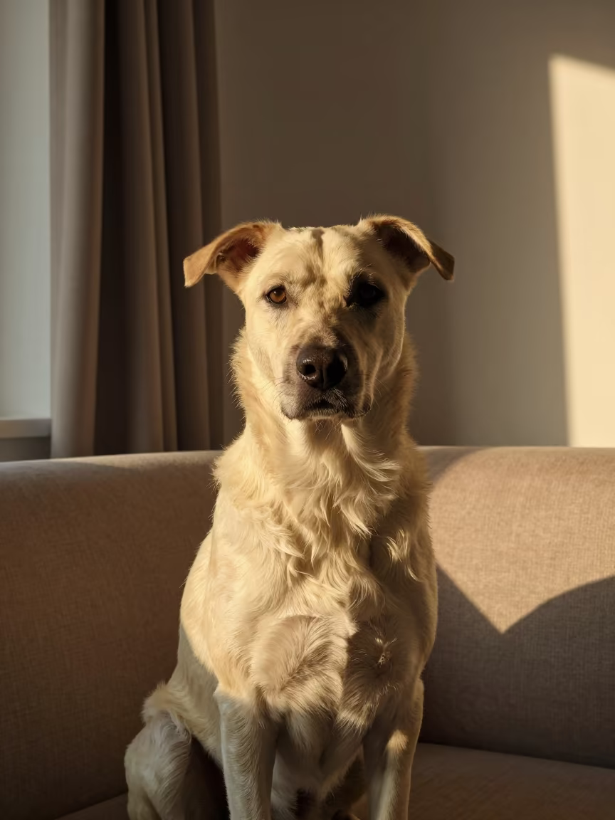 Kromfohrlander Portrait Vienna Sofa Sunset in on a sofa near a curtained window with calm indoor light in Vienna