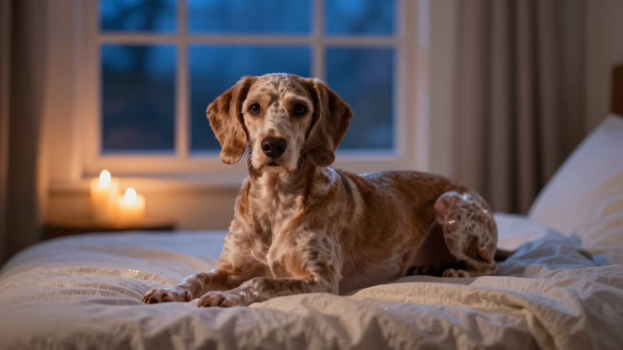 Kromfohrlander Resting on Bedspread by Window in on a bedspread near a bright window with calm indoor light near Zhengzhou