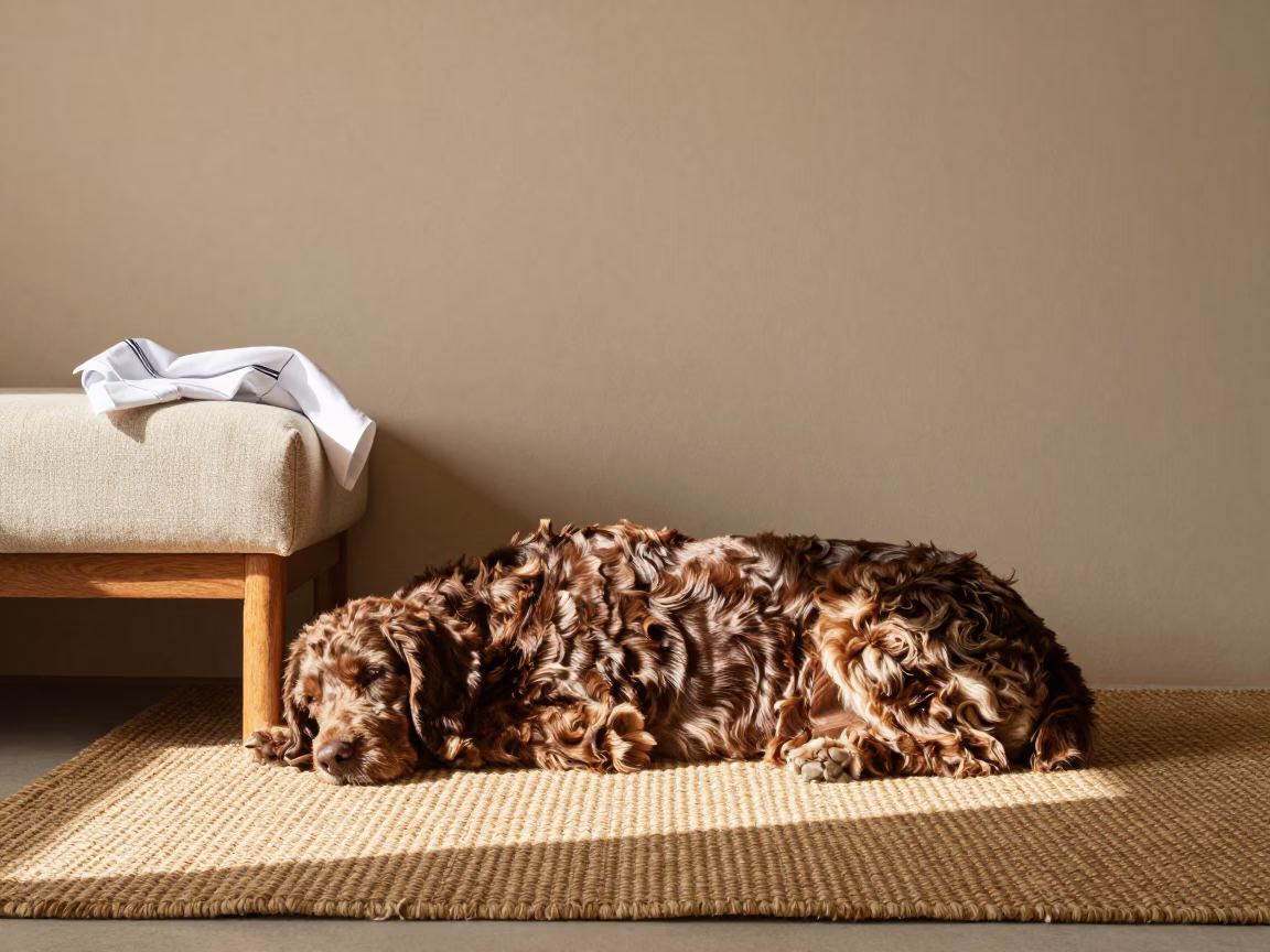 Kromfohrlander resting on woven rug in Suez home in on a woven rug beside a low couch and an uncluttered wall in Suez