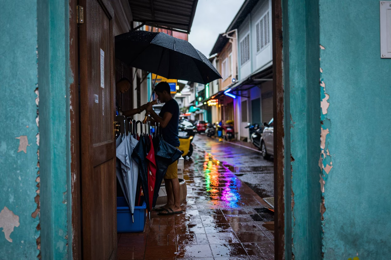 Kuala Lumpur Adjusting Umbrellas in in Kuala Lumpur, Malaysia