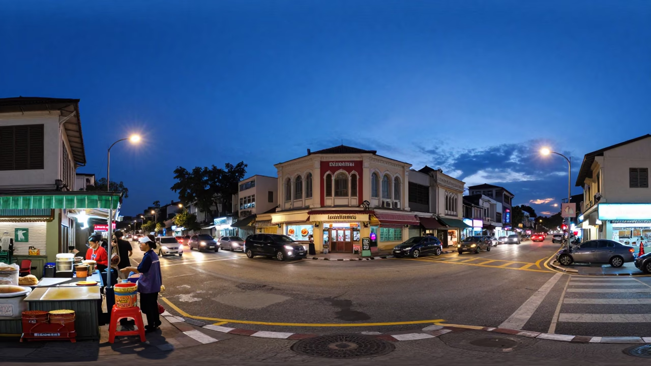 Kuala Lumpur Blue Hour Street Scene with Lassi and Spice Tins in in Kuala Lumpur, Malaysia