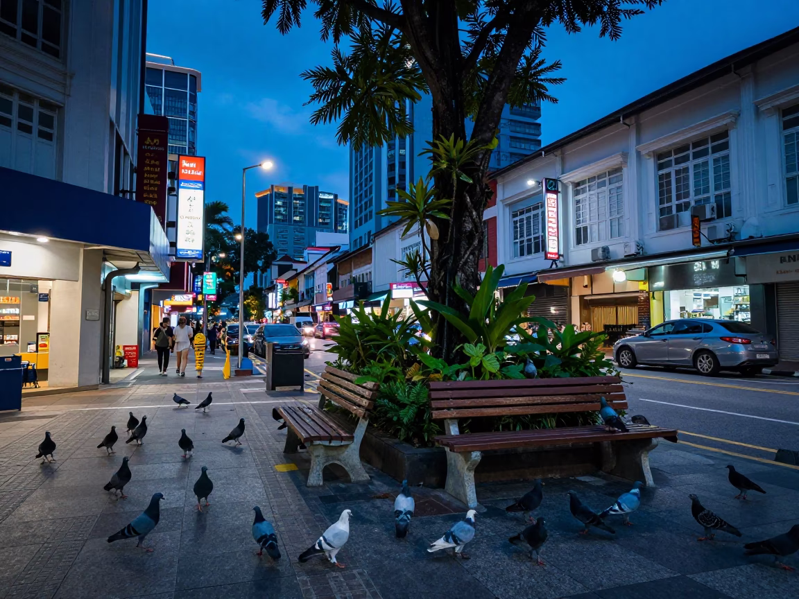 Kuala Lumpur Blue Hour Street Scene with Pigeons and Garden Benches in in Kuala Lumpur, Malaysia