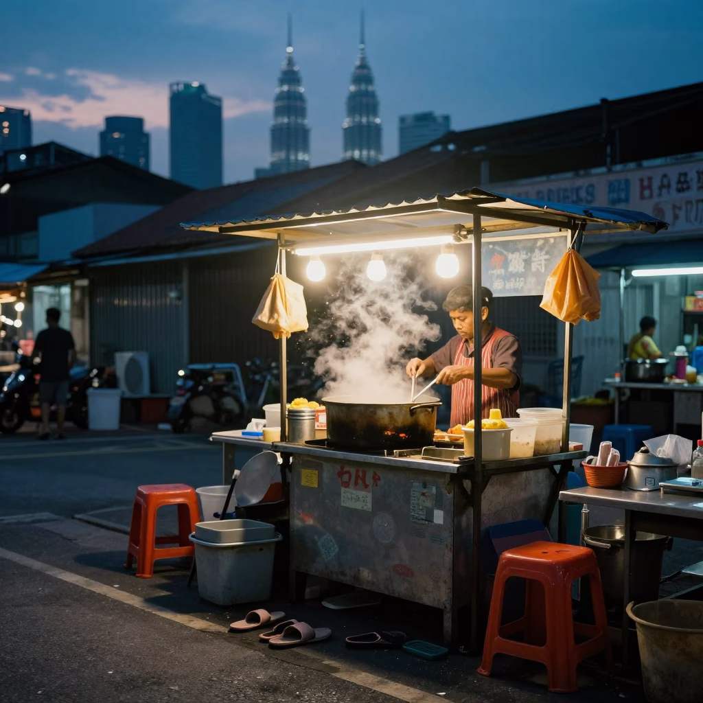 Kuala Lumpur Blue Hour Street Scene with Slippers and Cooking Pot in in Kuala Lumpur, Malaysia