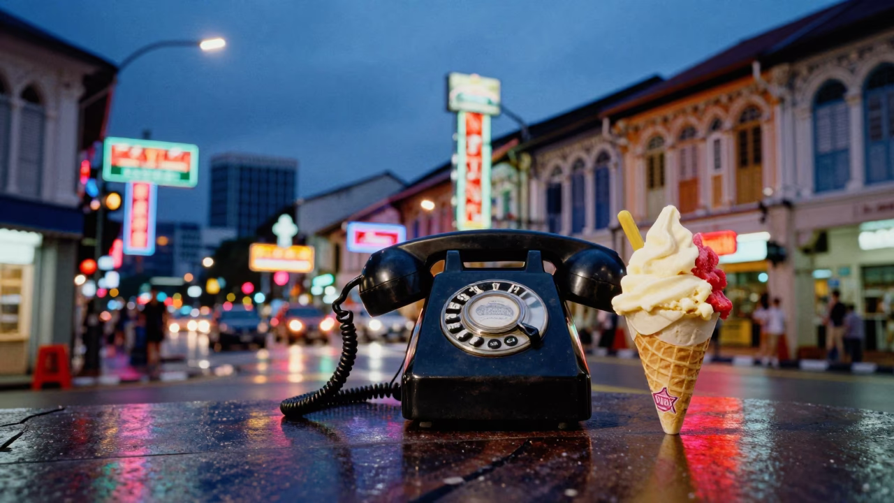 Kuala Lumpur Blue Hour Street Scene with Vintage Bakelite Telephone and Gelato Display in in Kuala Lumpur, Malaysia