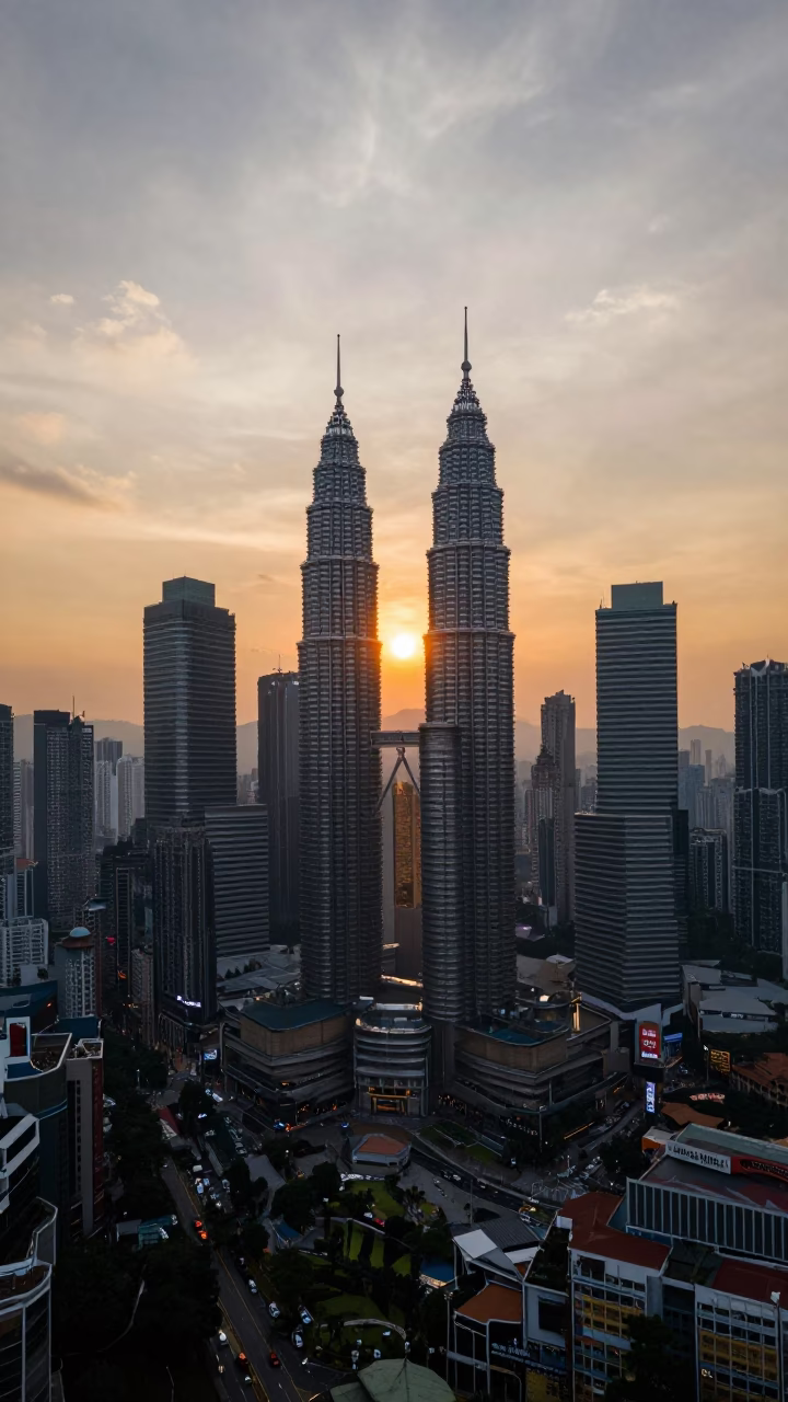 Kuala Lumpur Centre Skyline at As The Sun Drops Toward The Horizon in in Kuala Lumpur, Malaysia