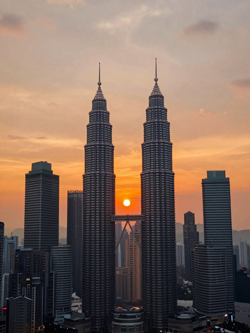 Kuala Lumpur City Skyline at Sunset with Twin Towers and Clouds in in Kuala Lumpur, Malaysia