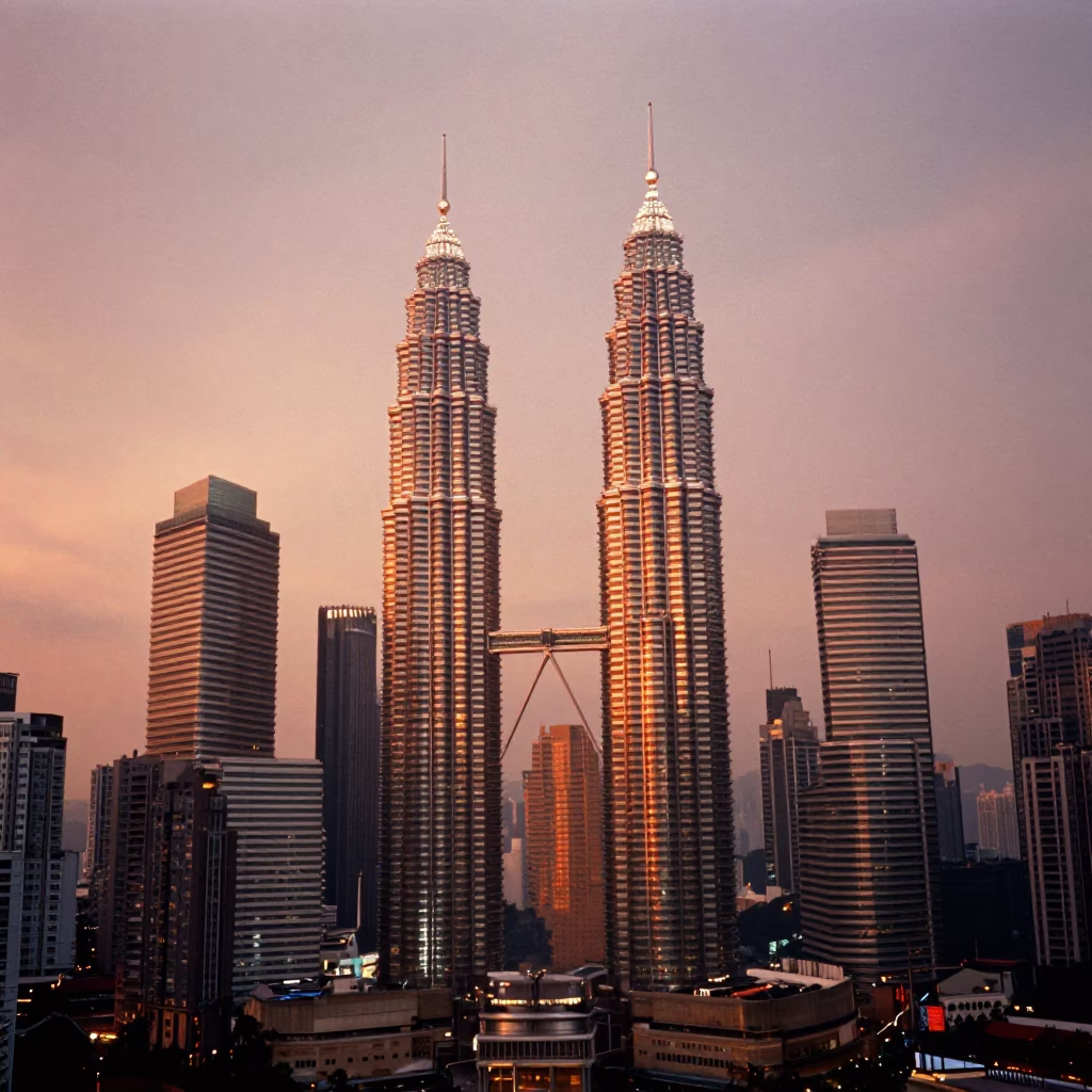 Kuala Lumpur cityscape at dusk with Petronas Twin Towers and traffic lights in in Kuala Lumpur, Malaysia