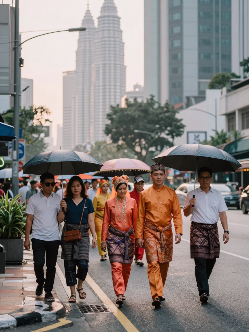 Kuala Lumpur Dawn Street Scene with Traditional Wedding Procession and Local Breakfast in in Kuala Lumpur, Malaysia
