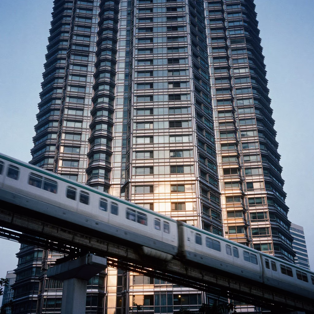 Kuala Lumpur Early Evening Monorail Reflection on Glass Skyscraper Facade in in Kuala Lumpur, Malaysia