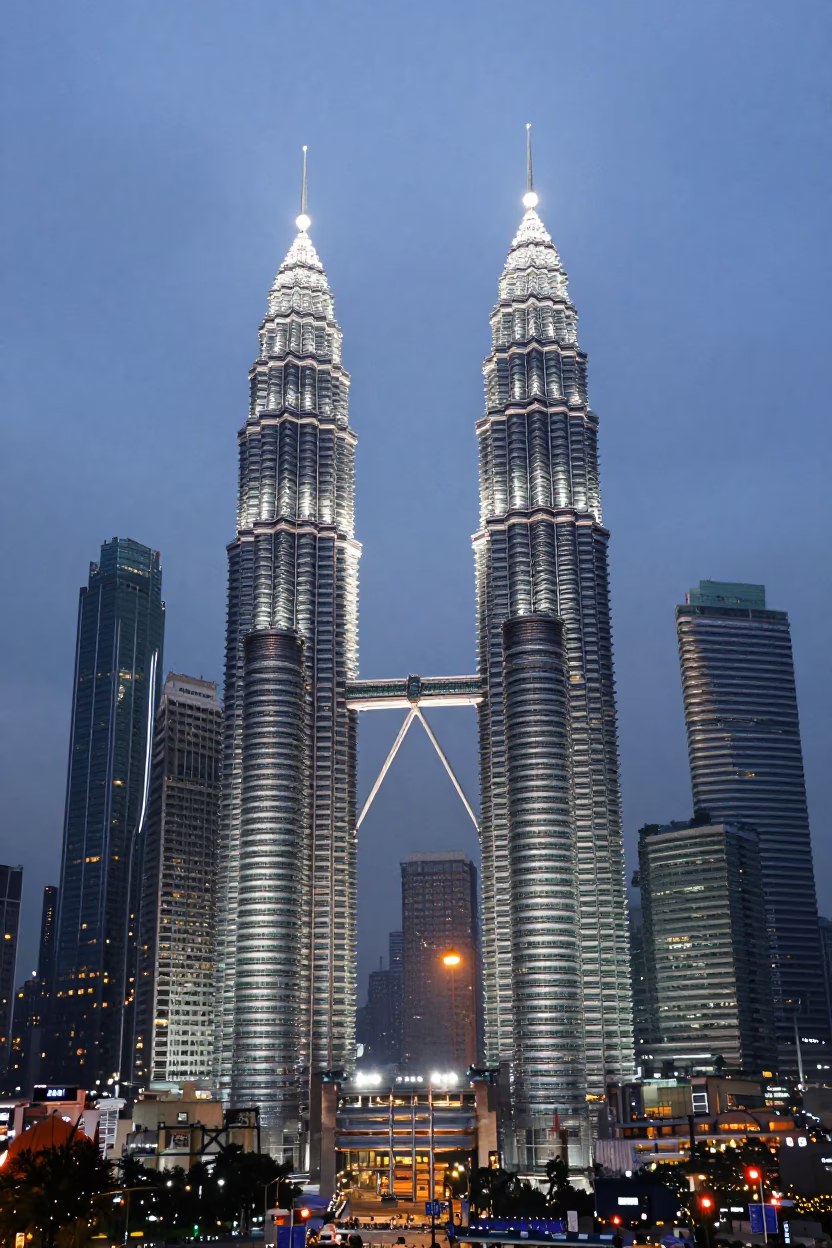 Kuala Lumpur Early Evening Skyline with Petronas Towers and Street Level Market Activity in in Kuala Lumpur, Malaysia