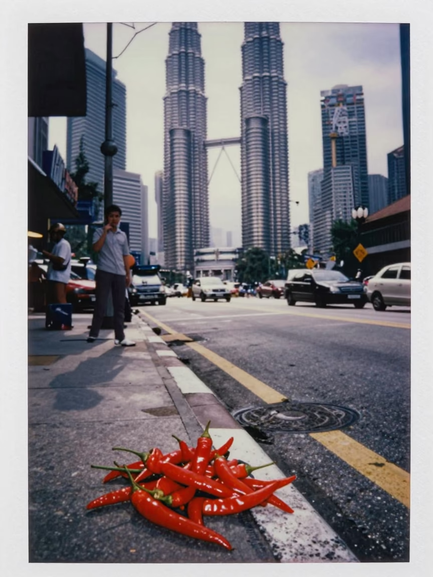 Kuala Lumpur Early Evening Street Scene with Chili Peppers and Glass Pitcher in in Kuala Lumpur, Malaysia