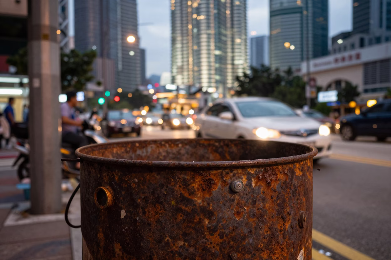 Kuala Lumpur Early Evening Street Scene with Rusty Bucket and Laundry Pins in in Kuala Lumpur, Malaysia