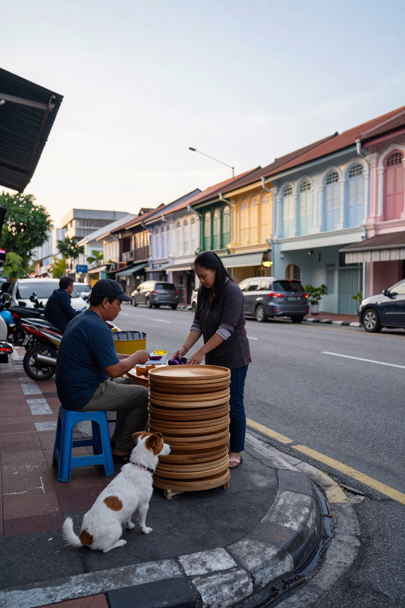 Kuala Lumpur Early Morning Street Scene with Wooden Platter and Russell Terrier in in Kuala Lumpur, Malaysia