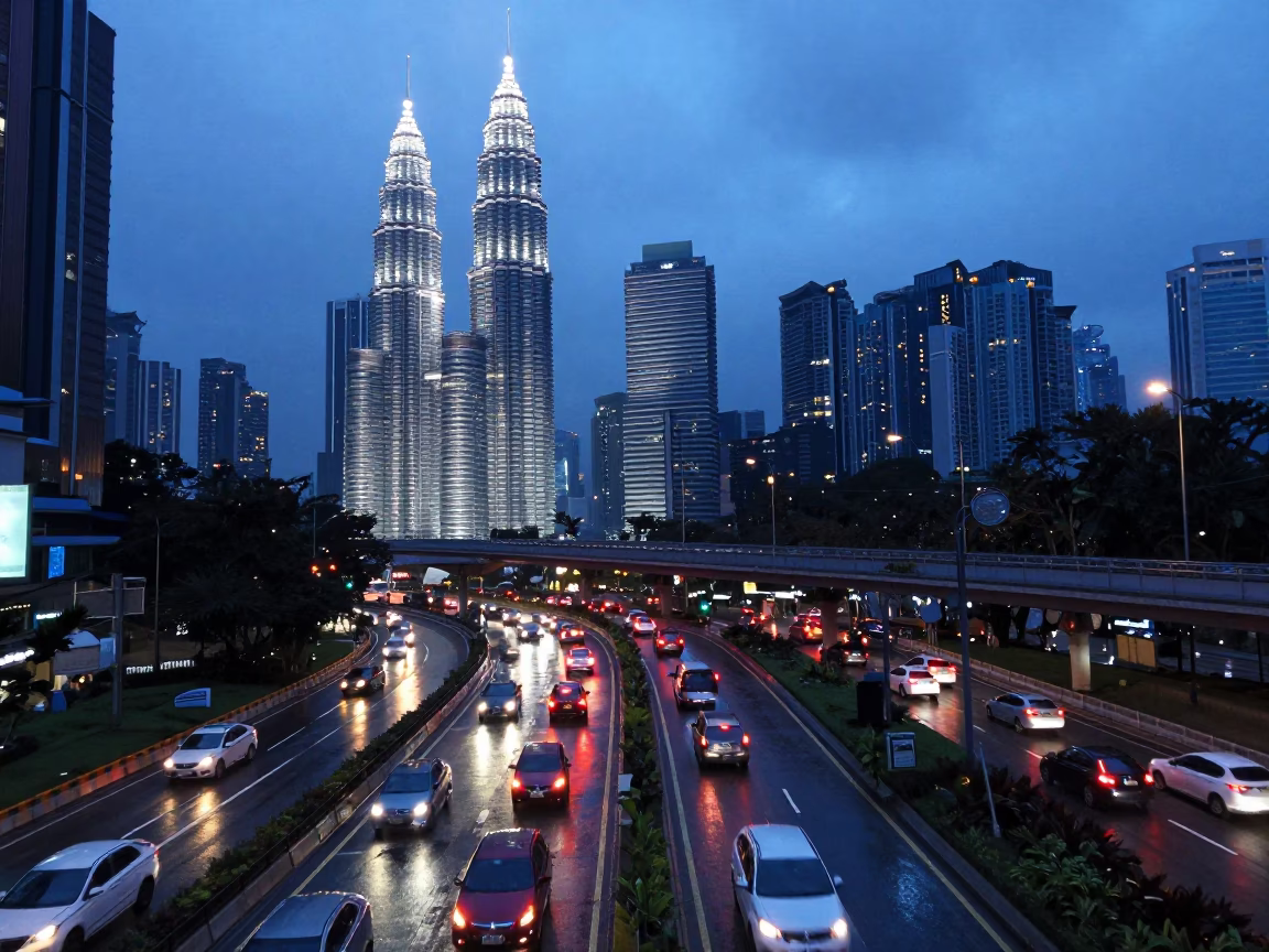 Kuala Lumpur Evening Overpass Interchange Glowing with Taillights After Rain in in Kuala Lumpur, Malaysia