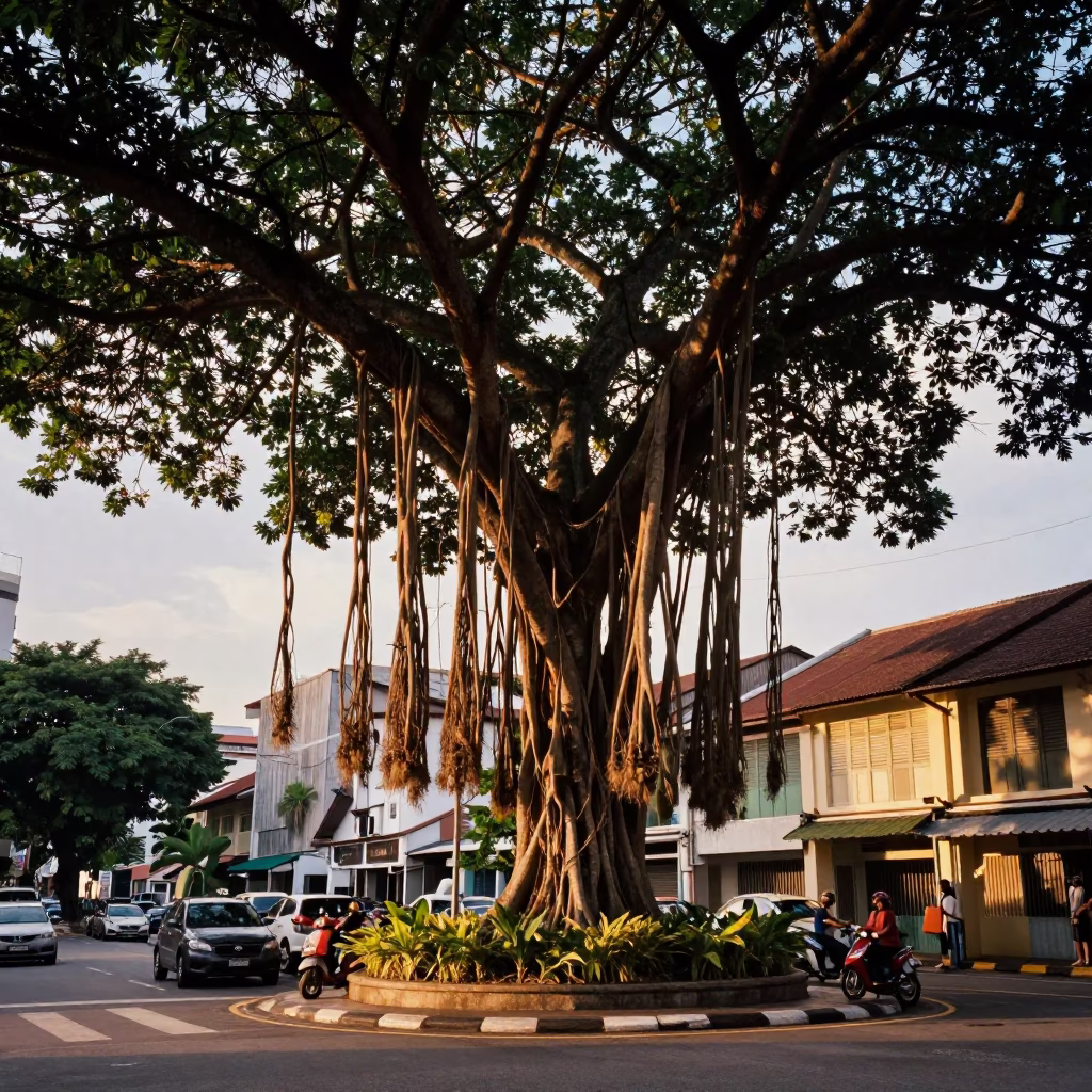 Kuala Lumpur Evening Street Scene with Banyan Tree and Local Market Activity in in Kuala Lumpur, Malaysia