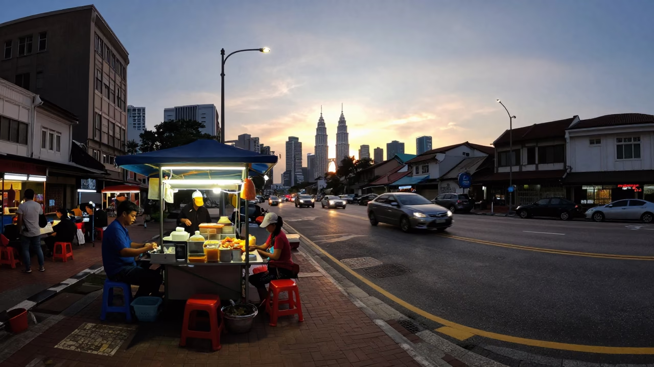 Kuala Lumpur Evening Street Scene with Food Stall and Rail Infrastructure in in Kuala Lumpur, Malaysia