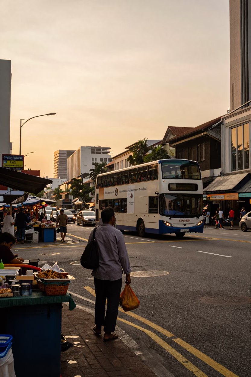 Kuala Lumpur Evening Street Scene with Market Porter and Double-Decker Bus in in Kuala Lumpur, Malaysia