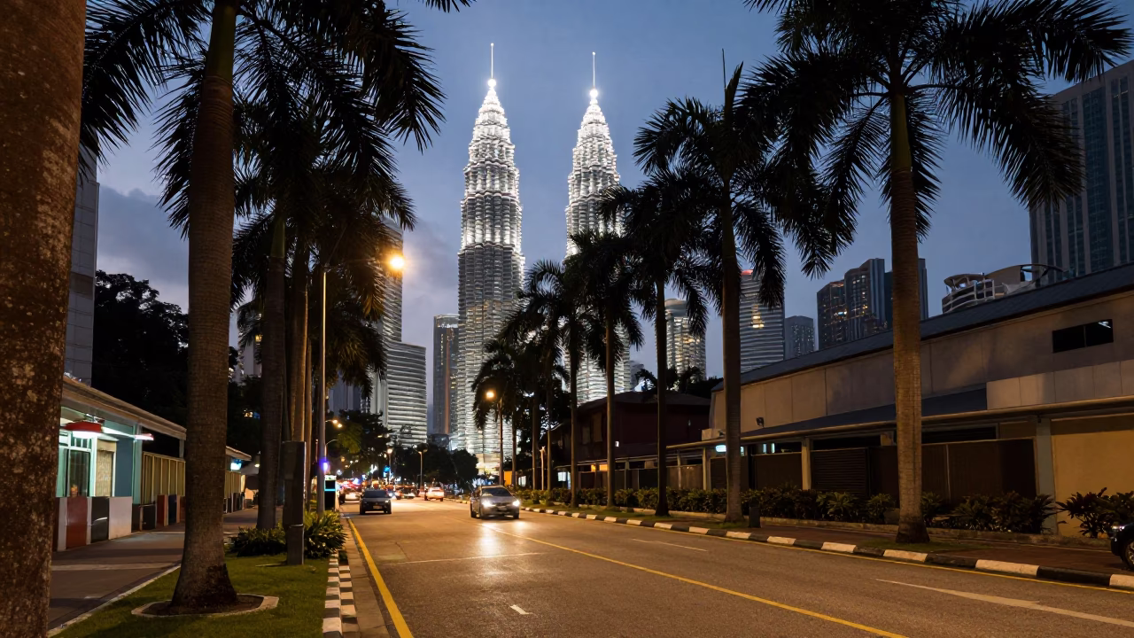 Kuala Lumpur Evening Street Scene with Palm Trees and Urban Life in in Kuala Lumpur, Malaysia