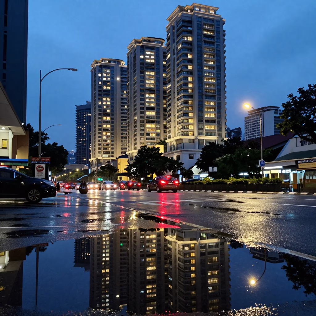 Kuala Lumpur evening street scene with puddle reflections of hotel windows and tail lights in in Kuala Lumpur, Malaysia