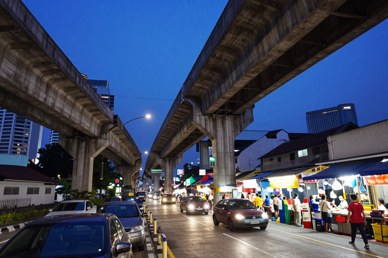 Kuala Lumpur Evening Street Scene with Railway Viaduct and Busy Market Activity in in Kuala Lumpur, Malaysia
