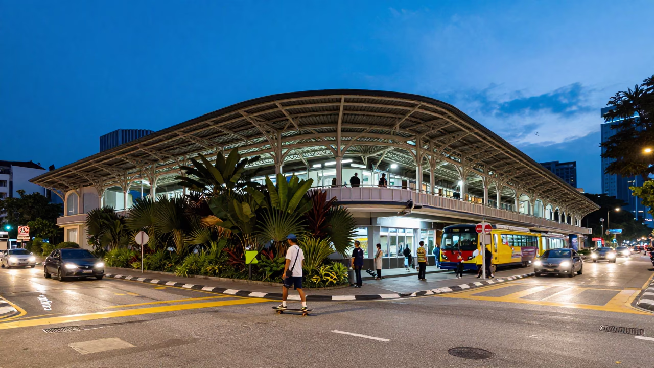 Kuala Lumpur Evening Street Scene with Skateboarder and Tropical Foliage in in Kuala Lumpur, Malaysia