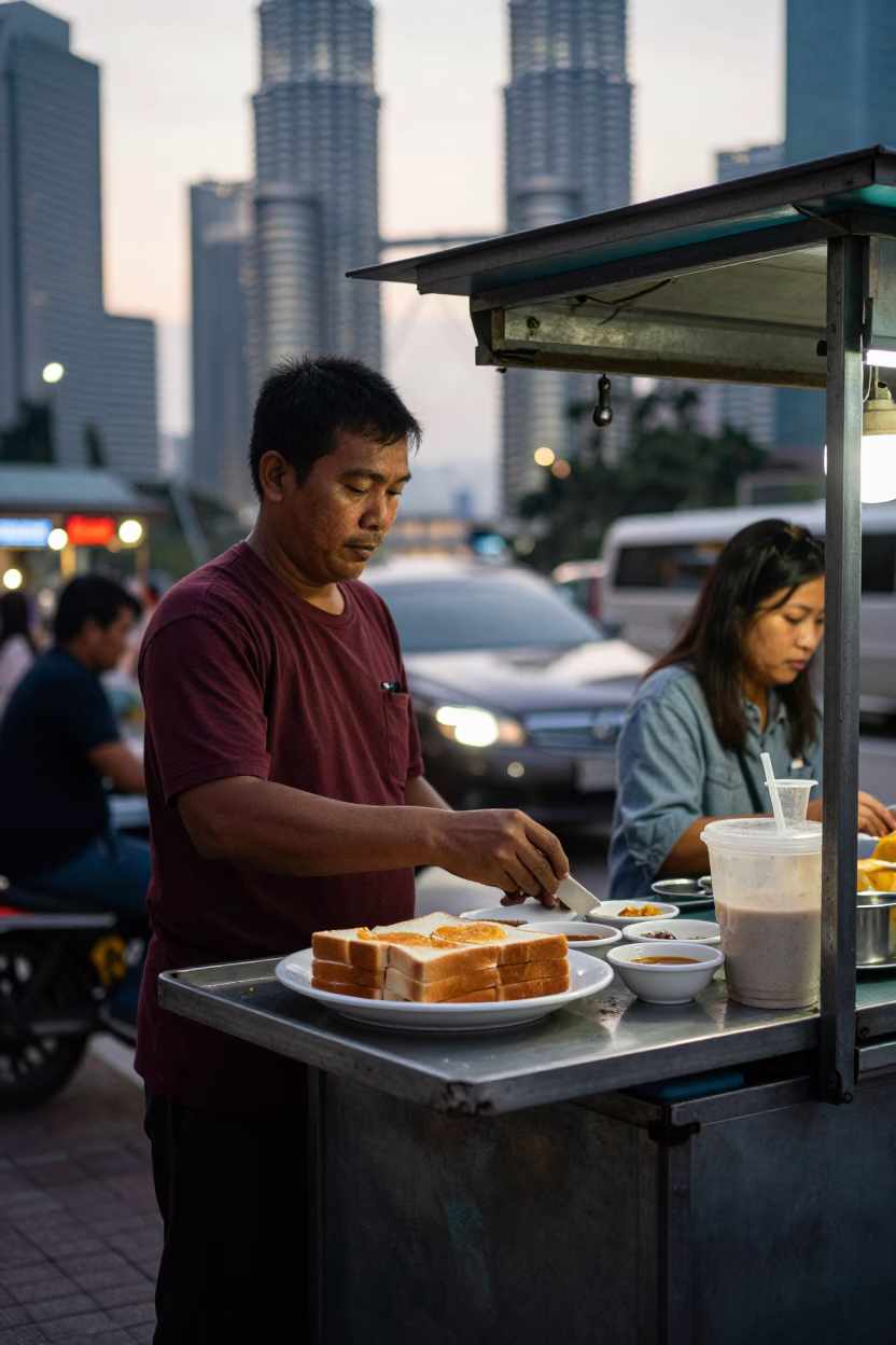 Kuala Lumpur Food Stall at First Light Of Dawn in in Kuala Lumpur, Malaysia