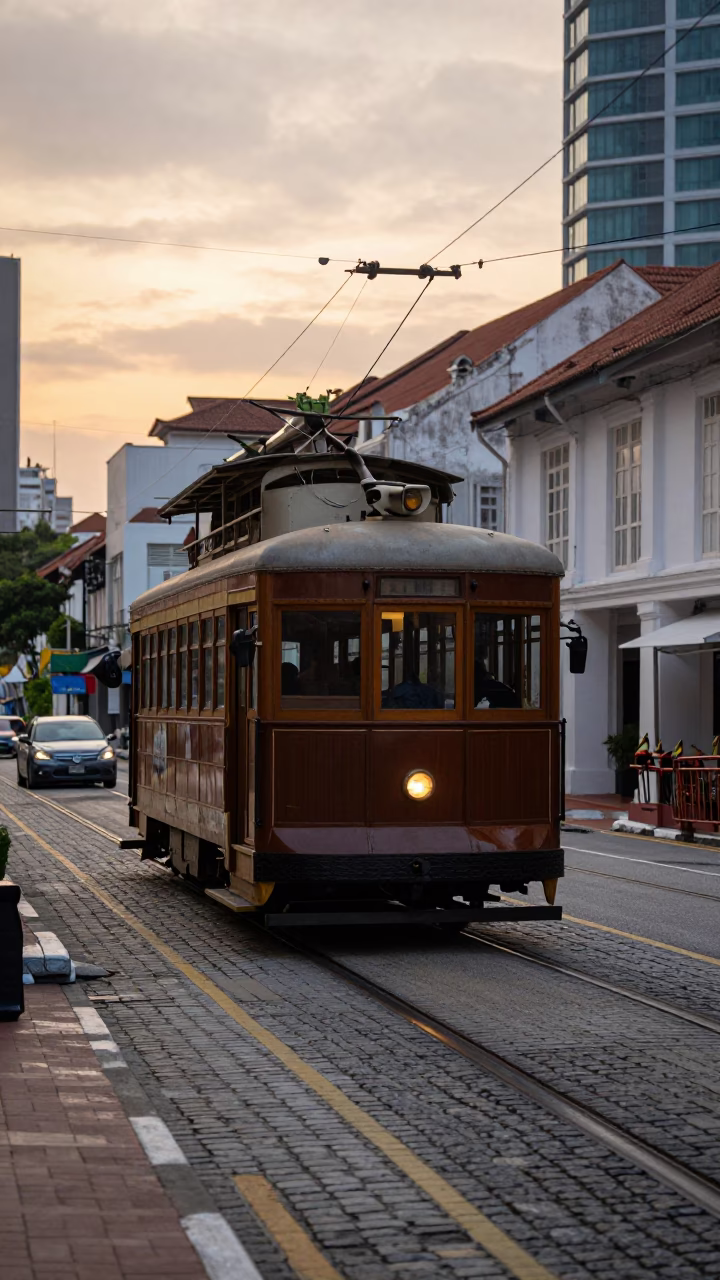 Kuala Lumpur Heritage Tram on Cobblestone Avenue at Nautical Dawn with Raincoats in in Kuala Lumpur, Malaysia